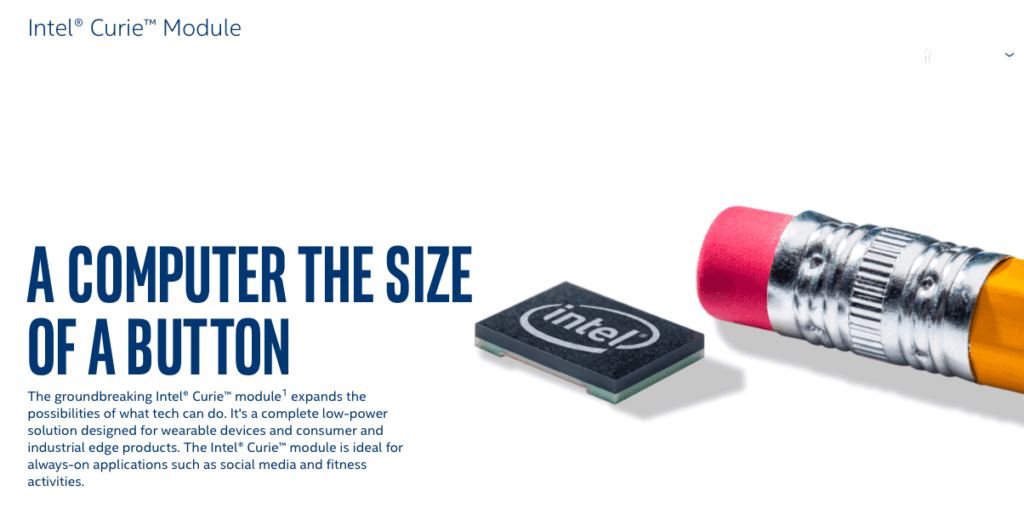 Intel Curie promotional image: a computer the size of a button, showing the module beside a pencil eraser